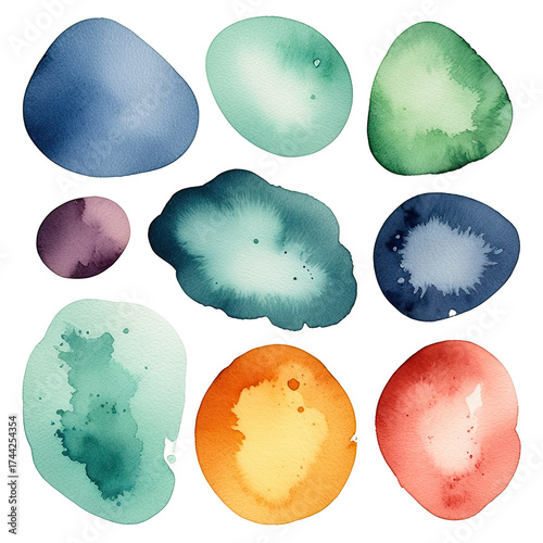 Colorful watercolor blobs in various shapes and hues on a black background