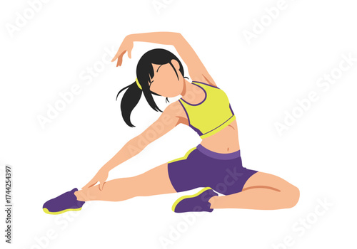 Woman in sportswear stretching sideways while seated faceless depiction