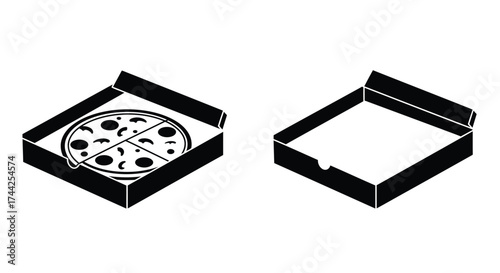 Simple illustration of a pizza in a box and an empty box
