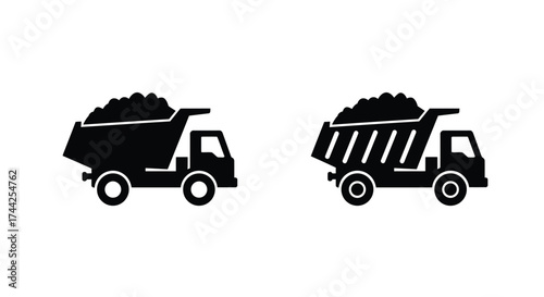 Two black silhouette icons of heavy duty dump trucks carrying loads