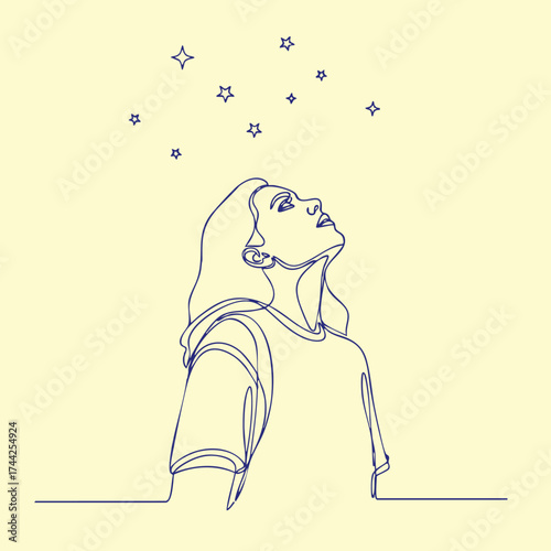 Young woman gazing upward at a sky with a sense of wonder and curiosity, wearing casual clothing and standing outdoors