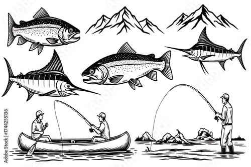Black and white fishing illustrations collection