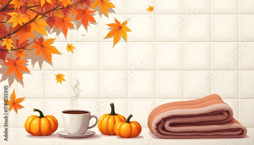  Autumn cozy flat lay with coffee and pumpkins. Warm autumn flat lay with pumpkins, coffee cup, and leaves on white background. Perfect for seasonal design or marketing.