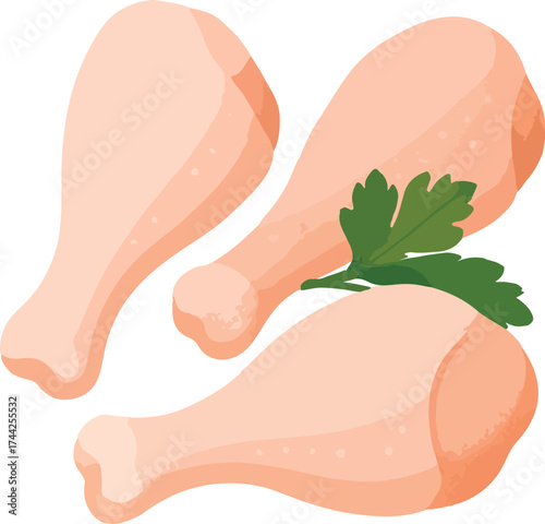 Three raw chicken drumsticks with parsley garnish poultry