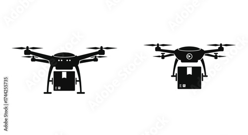 Black drone illustrations showcasing different perspectives on a white background