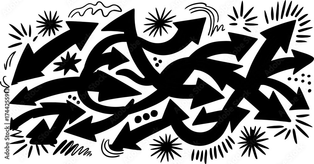 Fototapeta premium Black arrows in dynamic motion on white background abstract illustration