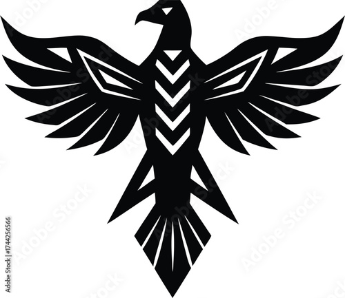 Black vector silhouette of a flying eagle with outstretched wings for a tattoo design or illustration