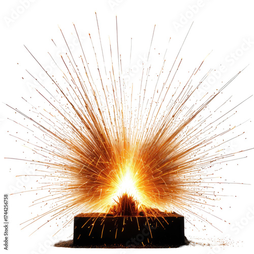 Intense, glowing sparks erupt from a dark base in a dramatic display of light