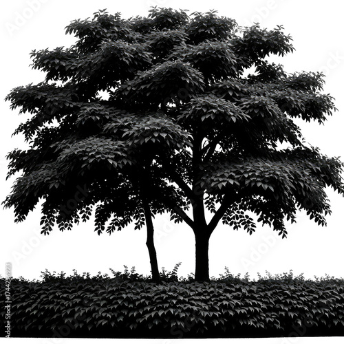 Black and white image of two-trunk tree with full foliage