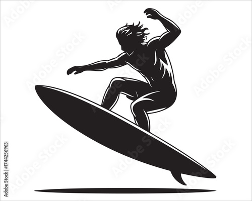 Surfing man in dynamic motion on surfboard minimalist art