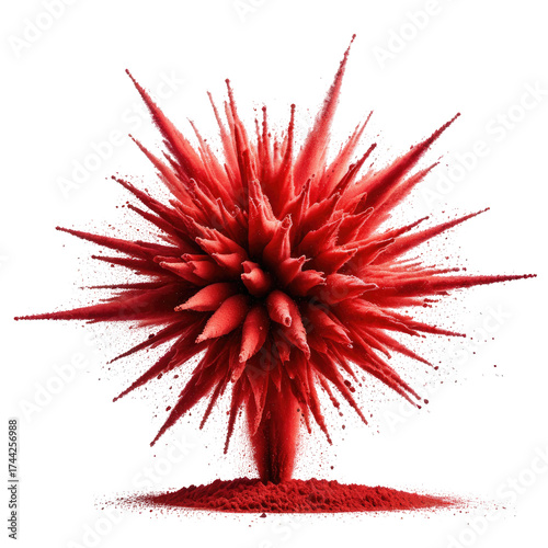 Exploding red form. Sharp spikes, vibrant hue, dynamic shape.  Abstract concept. Isolated on black