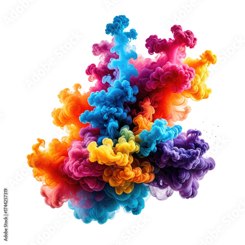 Vibrant cloud of multicolored smoke against a black background