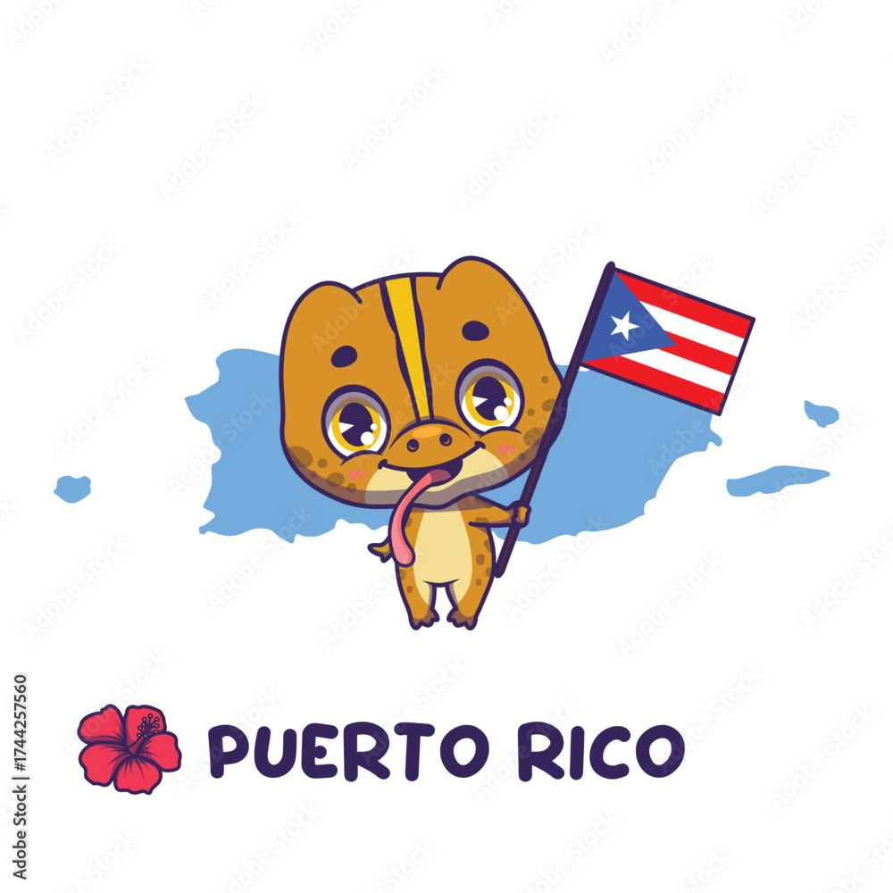 Fototapeta premium Unofficial animal symbol Coqui Frog holding the flag of Puerto Rico. Official flower flor de Maga displayed on bottom left.