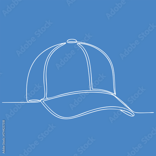 Minimalist line drawing of a baseball cap with a curved brim and rounded crown on a solid blue