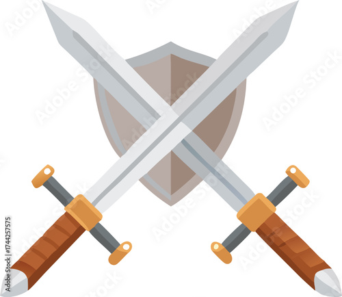 Two crossed swords and shield symbolizing battle medieval combat and heroism vector