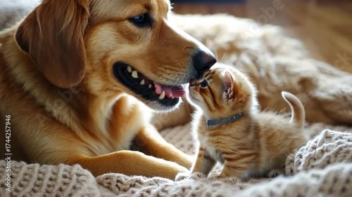 Golden retriever and kitten share a heartwarming moment at home