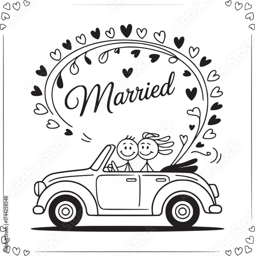 Sweet Ride to Forever: An illustration of a newlywed couple joyfully cruising in a convertible, framed by a celebratory wreath, embodies the start of their 'happily ever after' story. 