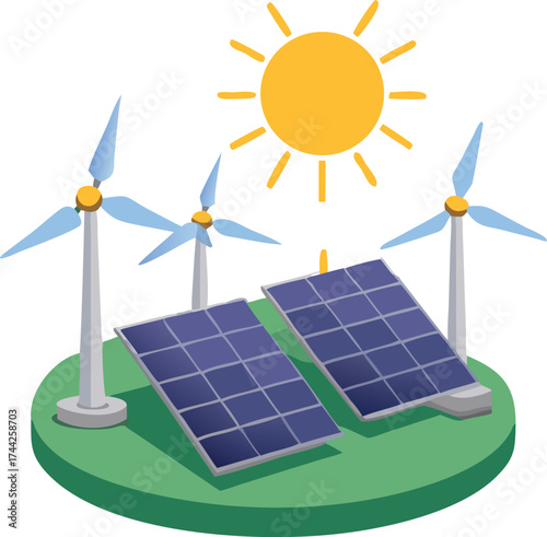 Sustainable energy future capturing solar and wind power with advanced technology on a green planet vector