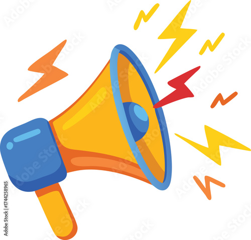 Announce loudly with this bright yellow megaphone icon featuring lightning bolt accents vector