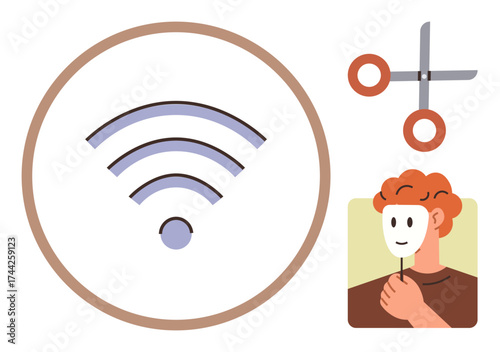 wireless signal alongside scissors and person holding a mask addressing anonymity, disconnection, technology disruption, communication, privacy, cybersecurity, and hidden identity themes. Ideal
