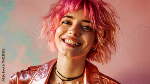 Smiling young woman with colorful hair poses in front of a pastel backdrop during a photoshoot at sunset in a creative studio