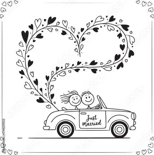 Just Married Couple's Getaway: A charming illustration of a newlywed couple joyfully embarking on their journey in a vintage car.