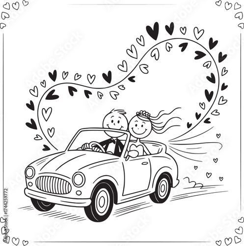 Wedding Car Silhouette: A newlywed couple embarks on their journey in a charming classic car, trailing a whimsical path of hearts, symbolizing love, joy, and the start of their married life.
