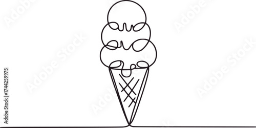 Triple scoop ice cream cone continuous line drawing dessert sweet
