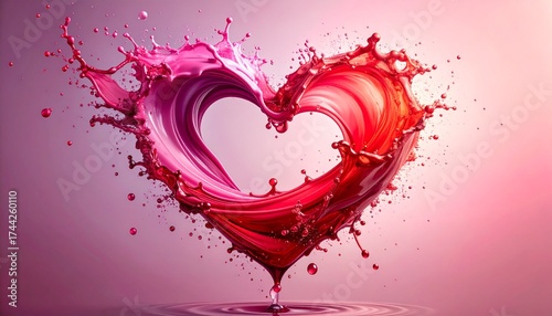 Abstract liquid splash in red and pink forming a heart