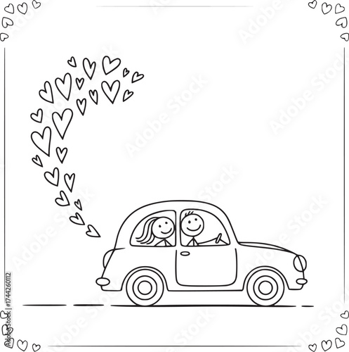 Driving with Love: A hand-drawn image depicts a couple joyfully driving in a car, hearts floating above them, symbolizing love and togetherness.