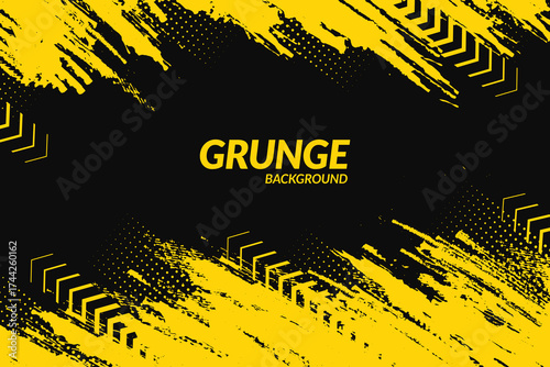 Yellow and black backdrop with dot halftone, arrows and grunge dirt elements. Urban style modern grunge background. Drive and speed modern creative wallpaper for your graphic design, banner or poster