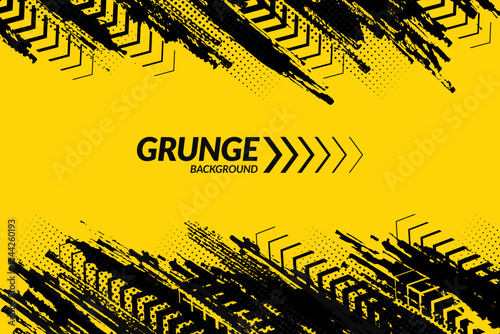 Yellow and black backdrop with dot halftone, arrows and grunge dirt elements. Urban style modern grunge background. Drive and speed modern creative wallpaper for your graphic design, banner or poster
