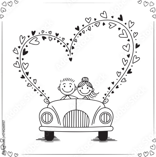 Love's Journey: An adorable couple embarks on a romantic adventure in a charming vintage car, framed by a heart-shaped garland of leaves and hearts.