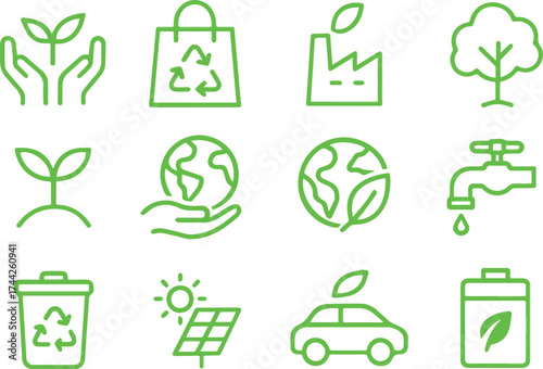 Line style eco icons set – sustainability, recycling, renewable energy and nature symbols