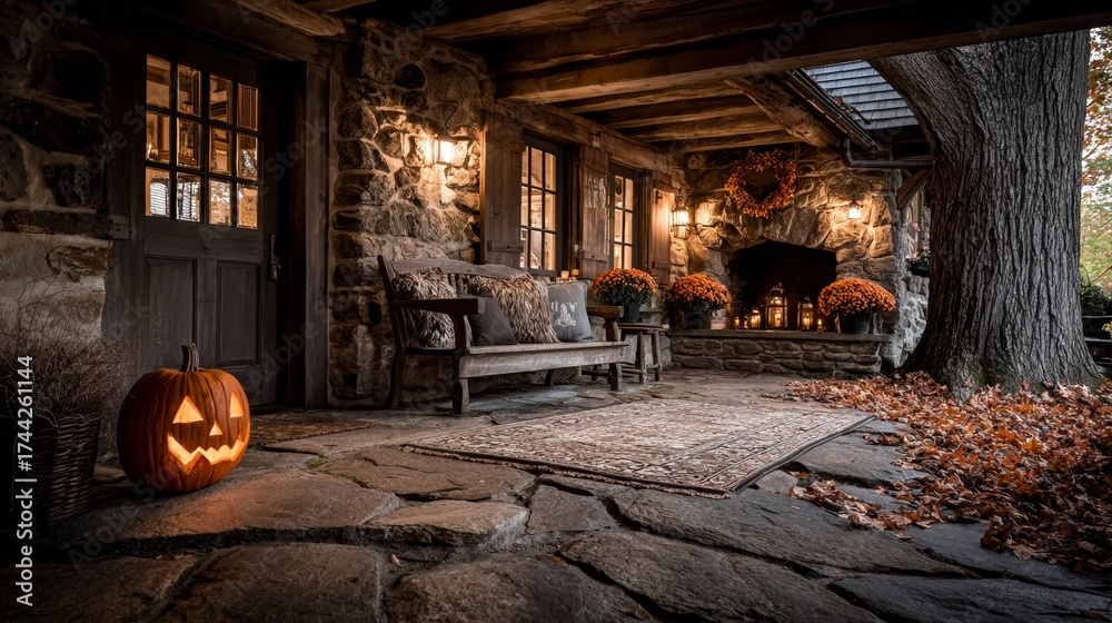 Obraz premium Autumn's magical fireplace: illuminating joy with a pumpkin smile. Surreal composition. Harvest glow: jack o lantern and fairy lights on a cozy fireplace. Avant-garde shots.
