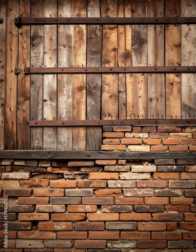 Rustic wooden planks and brick wall