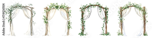 Wedding ceremonies arch gate decorated with draped fabric and green creeper leaves lush watercolor set isolated on transparent background