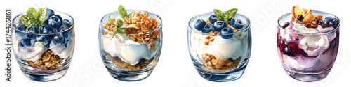 Blueberry yogurt parfaits with granola in clear glasses, healthy snack watercolor set isolated on transparent background