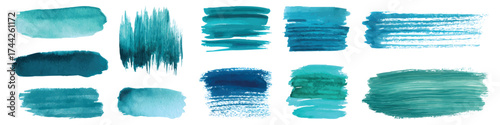 Abstract teal paint brush ink stroke splash watercolor set isolated on transparent background