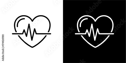Two heart icons, one on white, one on black, both displaying an ECG heartbeat line.