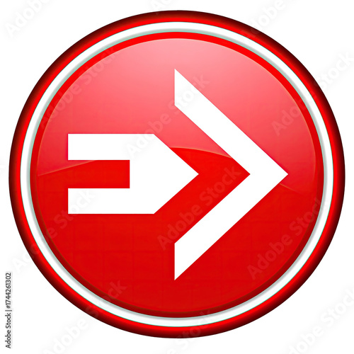 Glossy red button with a white right arrow icon, surrounded by a reflective white and red border
