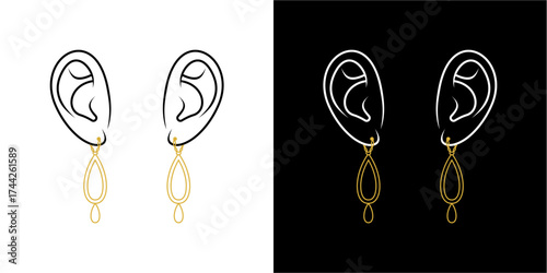 Illustration of two ears with dangling teardrop-shaped earrings, shown in two contrasting color schemes.