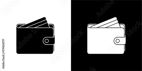 A minimalist graphic of a wallet with a credit card, presented in contrasting black and white.