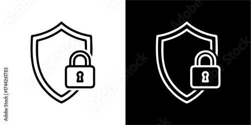 Security icon set showing a shield and padlock in black and white, representing protection and safety.