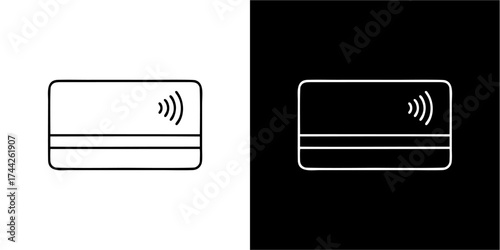 A minimalist illustration of a credit card with contactless payment symbol, shown in two contrasting variations.