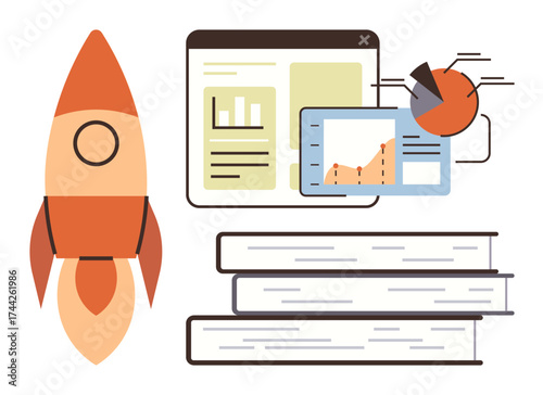 Rocket, data charts, and digital reports alongside stacked books represent growth, analytics, learning, strategy, exploration, innovation and business planning. Ideal for success-focused simple flat