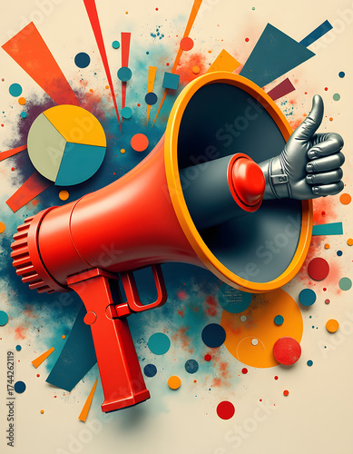 Megaphone with a thumbs-up and a pie chart, symbolizing approval and success.
