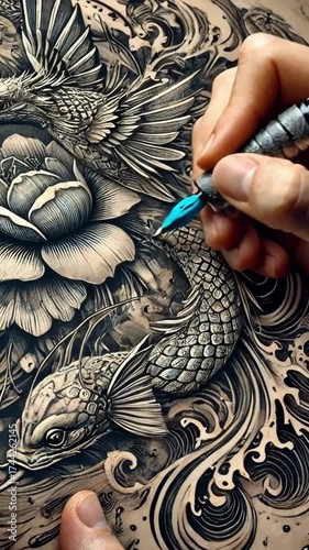 Intricate tattoo design process featuring fish and floral patterns during an afternoon session