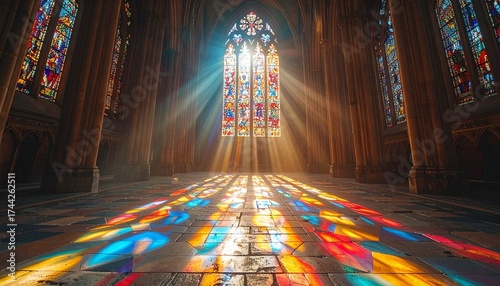 Divine sunlight streaming through a large, ornate stained glass window in a grand, historic church or cathedral, symbolizing hope and faith.