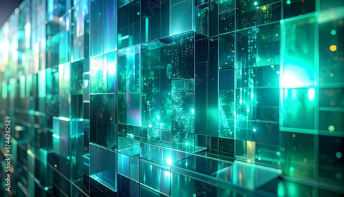 A futuristic, abstract background of a glowing green and blue technology grid, data center, or virtual reality cubes.
